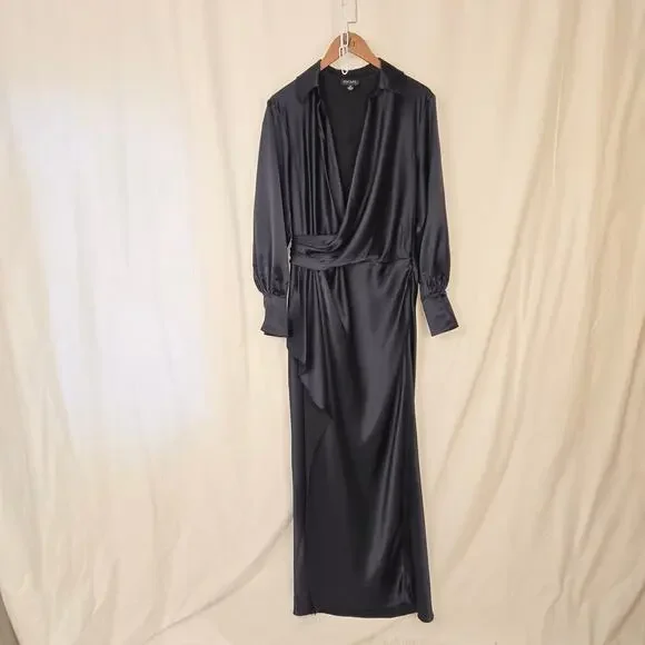Women's Xscape Emery Satin Collar Long Sleeve Navy Dress W12 - Picture 2 of 7
